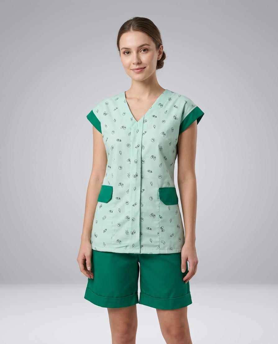 Conjunto de Camisa Sem Manga e Bermuda Estampado SHORT VERDE Para Secretárias do Lar, Diaristas, Domésticas e Babás