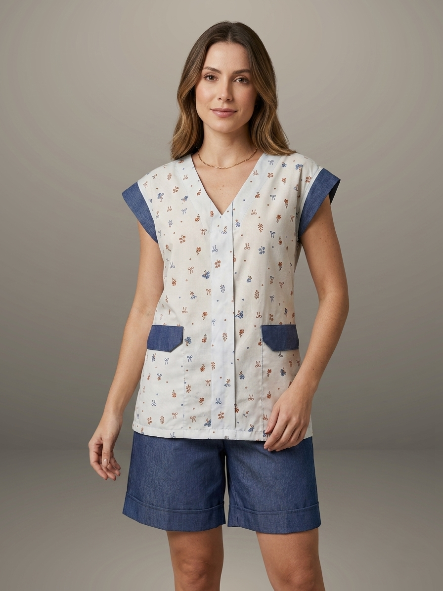 Conjunto de Camisa Sem Manga e Bermuda Estampado SHORT AZUL Para Secretárias do Lar, Diaristas, Domésticas e Babás
